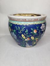 Vintage Chinese Koi Fish Porcelain Jardiniere Blue with Floral Fish Bowl picture