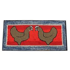 ANTIQUE HOOK HOOKED RUG CHICKENS PRIMITIVE FOLK ART MOUNTED HANGING ON WALL ART picture