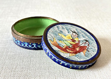 19th c. Chinese Antique Blue Green Enamel with Koi Carp Fish Round Trinket Box picture