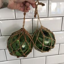 Pair Vintage Fishing Buoy Float Green Glass With Netting Ropes 5” picture