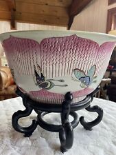 Chinese Porcelain Jardiniere ￼￼Fish Bowl  w Stand Handpainted Butterflies ￼Large picture