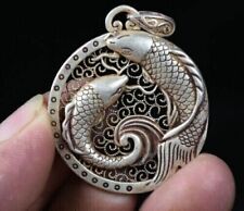 4CM Rare Old China Miao Silver Feng Shui Double Fish Pendant Amulet Necklace picture
