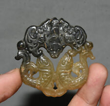 5CM China Hongshan Cultue Old Jade Carved Bat Double Fish Yubi Amulet Pendant picture