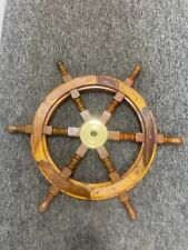 SHIPS WOODEN BOAT PIRATE STEERING VINTAGE ANTIQUE WHEEL 24'' BRASS WOOD MARITIME picture
