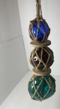 3 Pc Vintage Glass Ball Fishing Floats Hand Blown Rope Netting Teal Blue Amber picture