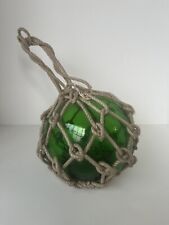 Vintage Green Glass Fishing Floater Buoy with Rope Netting Handblown Pontil EXC picture