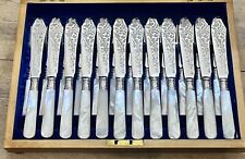 Superb set of Solid sterling silver fish knives & Forks mother of pearl 1901 picture