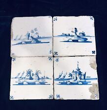Four Antique 18th century blue painted Dutch Delft tile sailing boat and houses picture