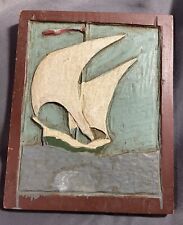 Antique Folk Art Carved & Naively Painted Deep Relief Carved Nautical Sail Boat picture