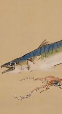 JAPANESE PAINTING HANGER SCROLL Vintage PICTURE Fish Squid Mackerel f824 picture