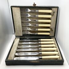 Vintage English EPNS Silver Plate Fish Knife Fork Set Bakelite Handle In Box picture