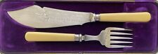 Antique English Ornate Fish Serving Set Knife & Fork In Box Silver Cream Handle picture