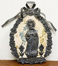 BASS RELIEV IN SILVER. VIRGIN WITH CHILD. EMBROIDERED SILK. XVIII-XIX CENTURY. picture