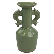 A Mid-Century Modern Fish Double handle Celadon Green Porcelain Vase 8.25” picture