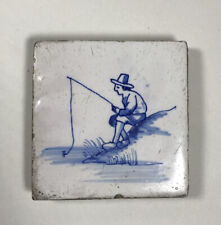 Antique 16th Century Delf Tile Man Fishing Blue And White Holland picture