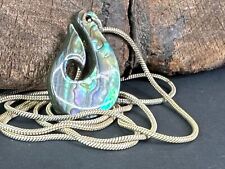 Old New Zealand Maori Paua Shell Fish Hook Pendant on Silver Chain picture