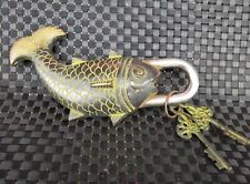 Old Chinese bronze copper handmade fish lock and key picture