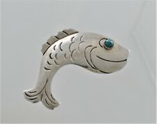 WHIMSICAL Damaso Gallegos Taxco Sterling Silver Turquoise Modern Fish Brooch Pin picture