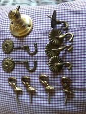 VINTAGE BRASS CURTAIN TIE-BACK HOOKS + COAT HOOT x5 Pairs picture