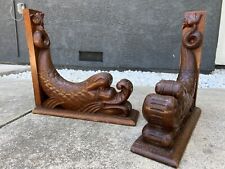 Antique Pair Carved Wood Italian Dolphin Corbels Set of 2 Fish Reclaimed LARGE picture