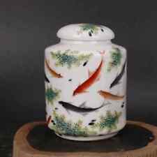Old Chinese Porcelain Color Hand Painted Fish Jar Pots Tea Pot Tea Canister picture