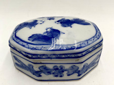 Porcelain Salt Cellar Cobalt Blue & White Koi Fish Octagonal Trinket Box w/Lid picture