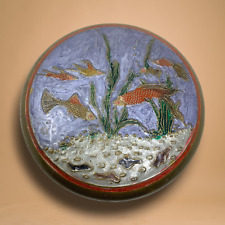 Vintage Chinese Brass Koi Fish Pond Cloisonné Enamel Trinket Dresser Box 4 3/4