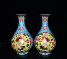 A Pair Chinese Cloisonne Porcelain Handmade Fish Grass Pattern Vases 11995 picture