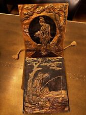 Pair Vtg Oriental Copper Relief Wall Art Plaque Woman w/ Fan & Male Fishing Sign picture