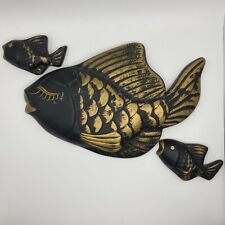 Vintage Chalkware Black and Gold Fish Wall Plaques Set Of 3 picture