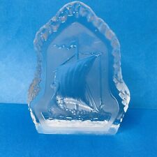 Vtg Iceberg Etched Ship Art Clear Frosted Glass Paperweight Sailboat Boat picture