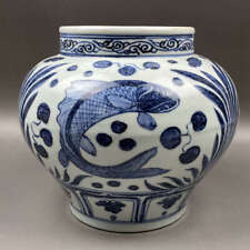 Chinese Blue&White Porcelain Handpainted Exquisite Fish/Grass Pattern Pots 12414 picture
