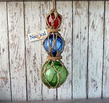 (3) Glass Fishing Floats On Rope ~ Nautical Fish Net Decor ~ Red, Blue, Green picture