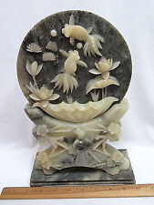 Antique Chinese Carved Stone Koi Fish Table Plaque Screen on Stand picture
