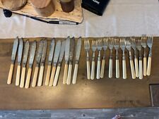 24x LBS Set of Silver Plate Engraved Flower Fish Knives & Forks Antique Carved picture