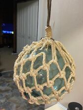 Vintage Japanese Large Glass Fishing Float And Net Green  12 Inches picture