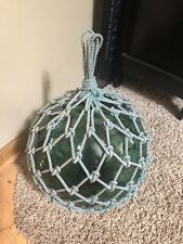 JAPANESE FISHING FLOAT Rope Net Hand-blown GREEN GLASS BALL RARE picture