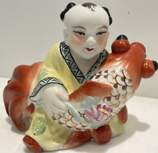 Vintage Chinese Porcelain Figurine of a Woman Holding Giant Koi Carp Fish RARE picture