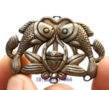 1.8 inch Old Chinese Tibet Silver Carving Lotus Two Fish Statue Necklace Pendant picture