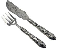 VINTAGE Sterling Silver Handled Fish Serving Fork & Knife Set NO MONOGRAM picture