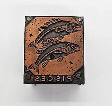 Letterpress Printing Block w PISCES Astrology Zodiac Sign Copper / Wood Vintage picture