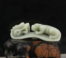 Old natural hetian  jade hand-carved statue of double dragon belt hook  #28 picture