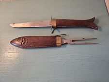 Vintage Antique Hand Carved Fish Serving Fork & Knife Set W/Brass picture