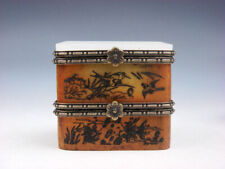 Vintage Double Jewelry Box Birds Fish Overlay Nephrite Jade Lid Running Horse #C picture