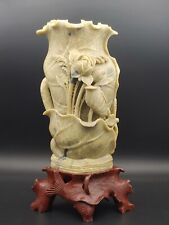 寿山石雕和气生财年年有余花觚 Vintage Shoushan Stone Carved Lotus Lettuce Fish Art Statue Vase picture