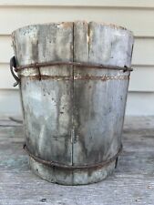 ANTIQUE Primitive WOOD STAVED PAIL BUCKET W/ WIRE BANDS & Hook 1800s Old Paint picture