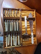 Antique Cased Set Silver Plate Fish Knives & Forks & servers Cutlery Engraved  picture