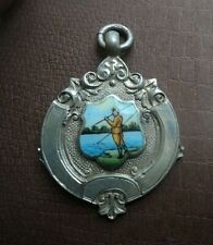 Attractive Stg. Silver & Enamel Fishing / Angling Fob Medal h/m 1933 Fisherman picture