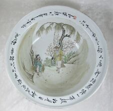 Chinese Ceramic Basin Bowl Calligraphy 2 Men Landscape Fishing 13 inch Diameter picture