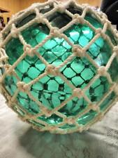 Japanese Large Glass Fishing Float Buoy Ball Roped Net Green Object Vintage 30cm picture